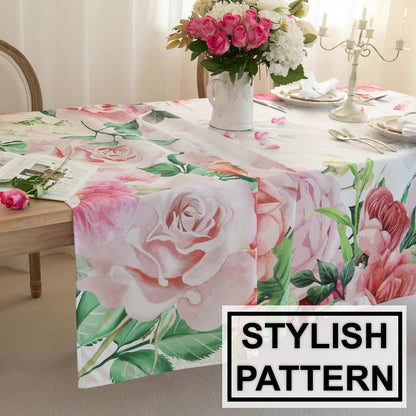 Pink Roses Rectangle Tablecloth 60x84 Inch, Waterproof Summer Floral Table Cover Rosette Table Cloth, Red Rose Rectangular Table Décor Washable Fabric for Party, Picnic, Camping, Kitchen, Dining Room