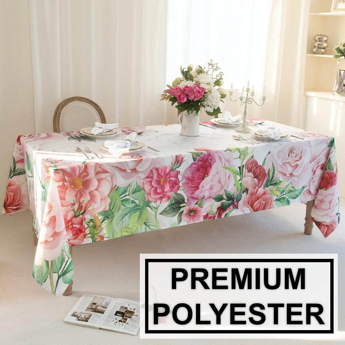 Pink Roses Rectangle Tablecloth 60x84 Inch, Waterproof Summer Floral Table Cover Rosette Table Cloth, Red Rose Rectangular Table Décor Washable Fabric for Party, Picnic, Camping, Kitchen, Dining Room