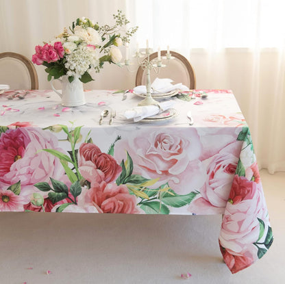 Pink Roses Rectangle Tablecloth 60x84 Inch, Waterproof Summer Floral Table Cover Rosette Table Cloth, Red Rose Rectangular Table Décor Washable Fabric for Party, Picnic, Camping, Kitchen, Dining Room