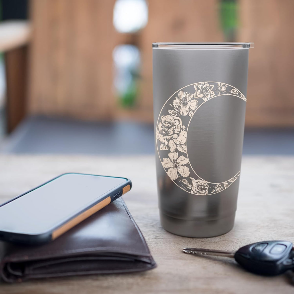 Trendy Rose Filled Crescent Moon Peach Colour Stainless Steel Insulated Tumbler