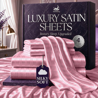 Satin Sheets Queen Size – 4 Piece Luxury Silky Bed Set, Softer Than Silk, 15" Deep Pocket, Cooling & Wrinkle-Free, Moisture-Wicking & Breathable for Hair & Skin (Striped Pink)