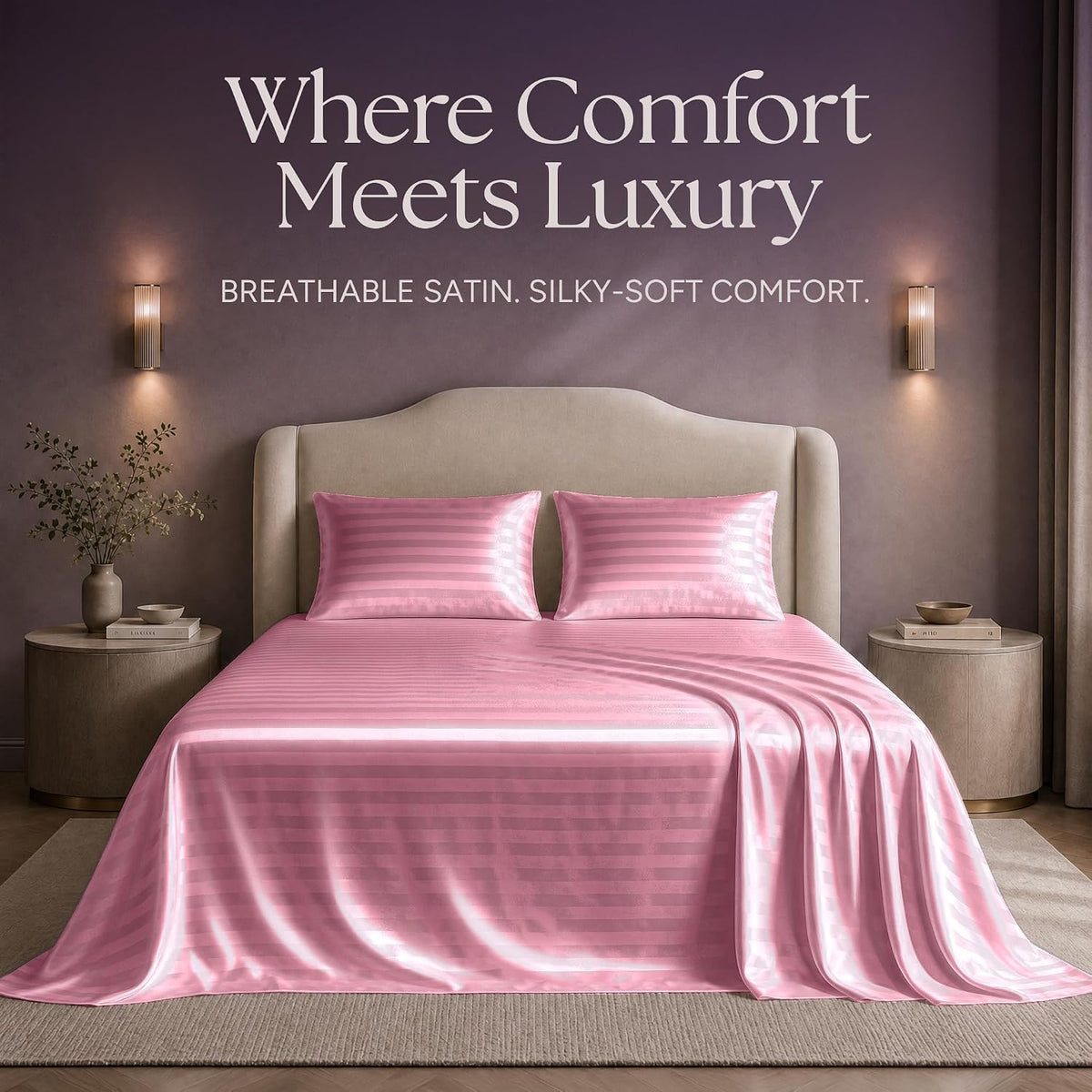 Satin Sheets Queen Size – 4 Piece Luxury Silky Bed Set, Softer Than Silk, 15" Deep Pocket, Cooling & Wrinkle-Free, Moisture-Wicking & Breathable for Hair & Skin (Striped Pink)