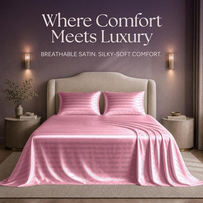 Satin Sheets Queen Size – 4 Piece Luxury Silky Bed Set, Softer Than Silk, 15" Deep Pocket, Cooling & Wrinkle-Free, Moisture-Wicking & Breathable for Hair & Skin (Striped Pink)