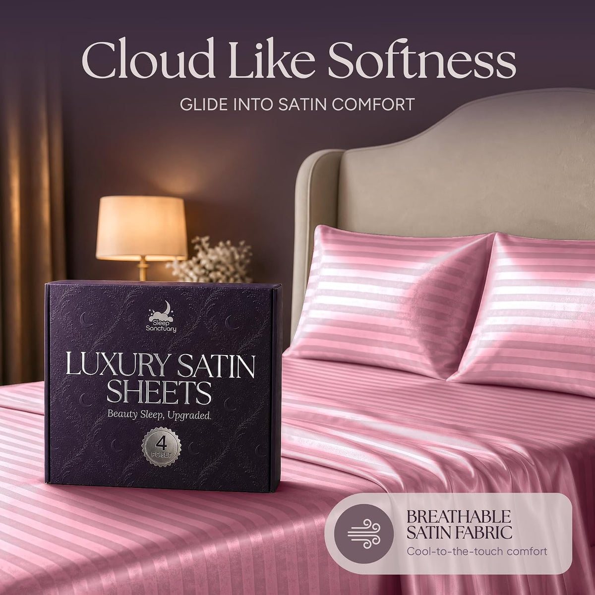 Satin Sheets Queen Size – 4 Piece Luxury Silky Bed Set, Softer Than Silk, 15" Deep Pocket, Cooling & Wrinkle-Free, Moisture-Wicking & Breathable for Hair & Skin (Striped Pink)