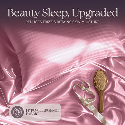Satin Sheets Queen Size – 4 Piece Luxury Silky Bed Set, Softer Than Silk, 15" Deep Pocket, Cooling & Wrinkle-Free, Moisture-Wicking & Breathable for Hair & Skin (Striped Pink)