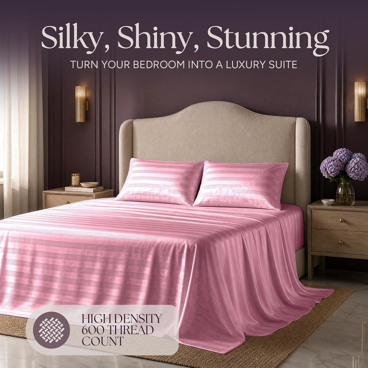 Satin Sheets Queen Size – 4 Piece Luxury Silky Bed Set, Softer Than Silk, 15" Deep Pocket, Cooling & Wrinkle-Free, Moisture-Wicking & Breathable for Hair & Skin (Striped Pink)