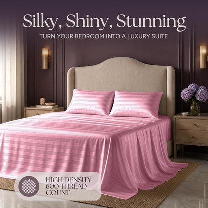 Satin Sheets Queen Size – 4 Piece Luxury Silky Bed Set, Softer Than Silk, 15" Deep Pocket, Cooling & Wrinkle-Free, Moisture-Wicking & Breathable for Hair & Skin (Striped Pink)