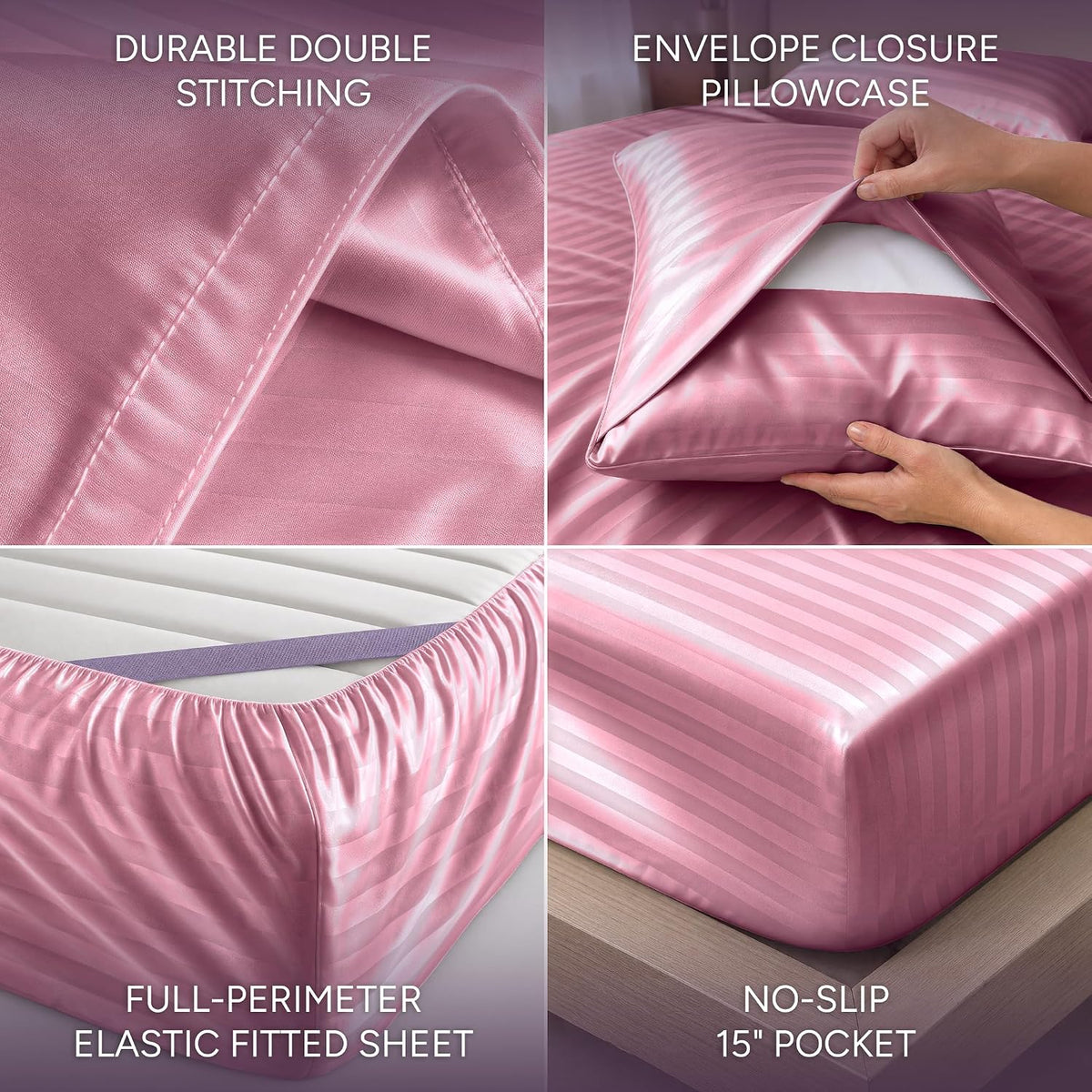 Satin Sheets Queen Size – 4 Piece Luxury Silky Bed Set, Softer Than Silk, 15" Deep Pocket, Cooling & Wrinkle-Free, Moisture-Wicking & Breathable for Hair & Skin (Striped Pink)