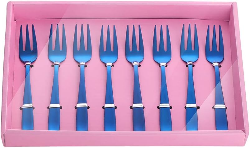 YDware Dessert Pastry Forks, 18/10 Stainless Steel Cake Forks Blue Fruits Forks Set of 8, 5.4 Inch Small Salad Forks Appetizer Forks with Pink Gift Box, Dishwasher Safe