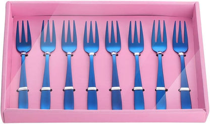 YDware Dessert Pastry Forks, 18/10 Stainless Steel Cake Forks Blue Fruits Forks Set of 8, 5.4 Inch Small Salad Forks Appetizer Forks with Pink Gift Box, Dishwasher Safe