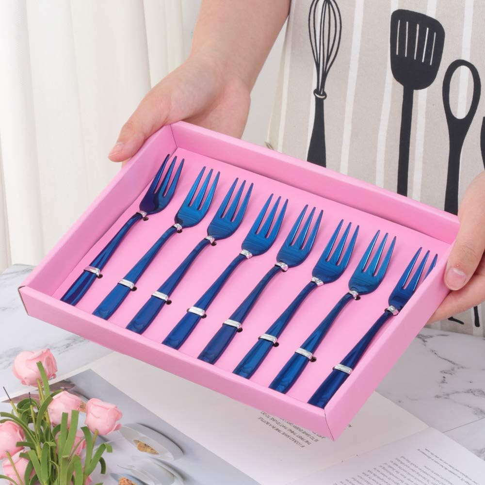 YDware Dessert Pastry Forks, 18/10 Stainless Steel Cake Forks Blue Fruits Forks Set of 8, 5.4 Inch Small Salad Forks Appetizer Forks with Pink Gift Box, Dishwasher Safe