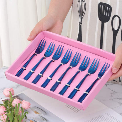 YDware Dessert Pastry Forks, 18/10 Stainless Steel Cake Forks Blue Fruits Forks Set of 8, 5.4 Inch Small Salad Forks Appetizer Forks with Pink Gift Box, Dishwasher Safe