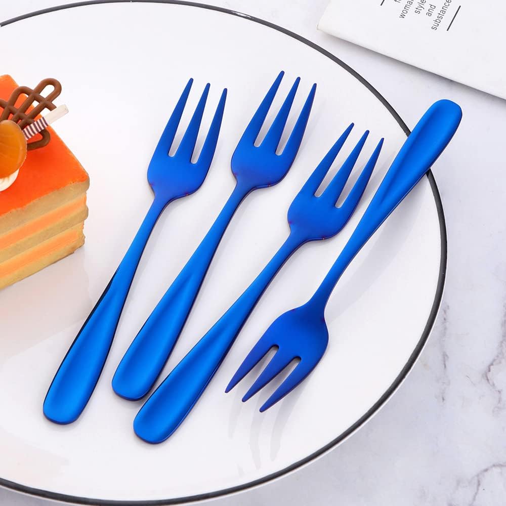 YDware Dessert Pastry Forks, 18/10 Stainless Steel Cake Forks Blue Fruits Forks Set of 8, 5.4 Inch Small Salad Forks Appetizer Forks with Pink Gift Box, Dishwasher Safe