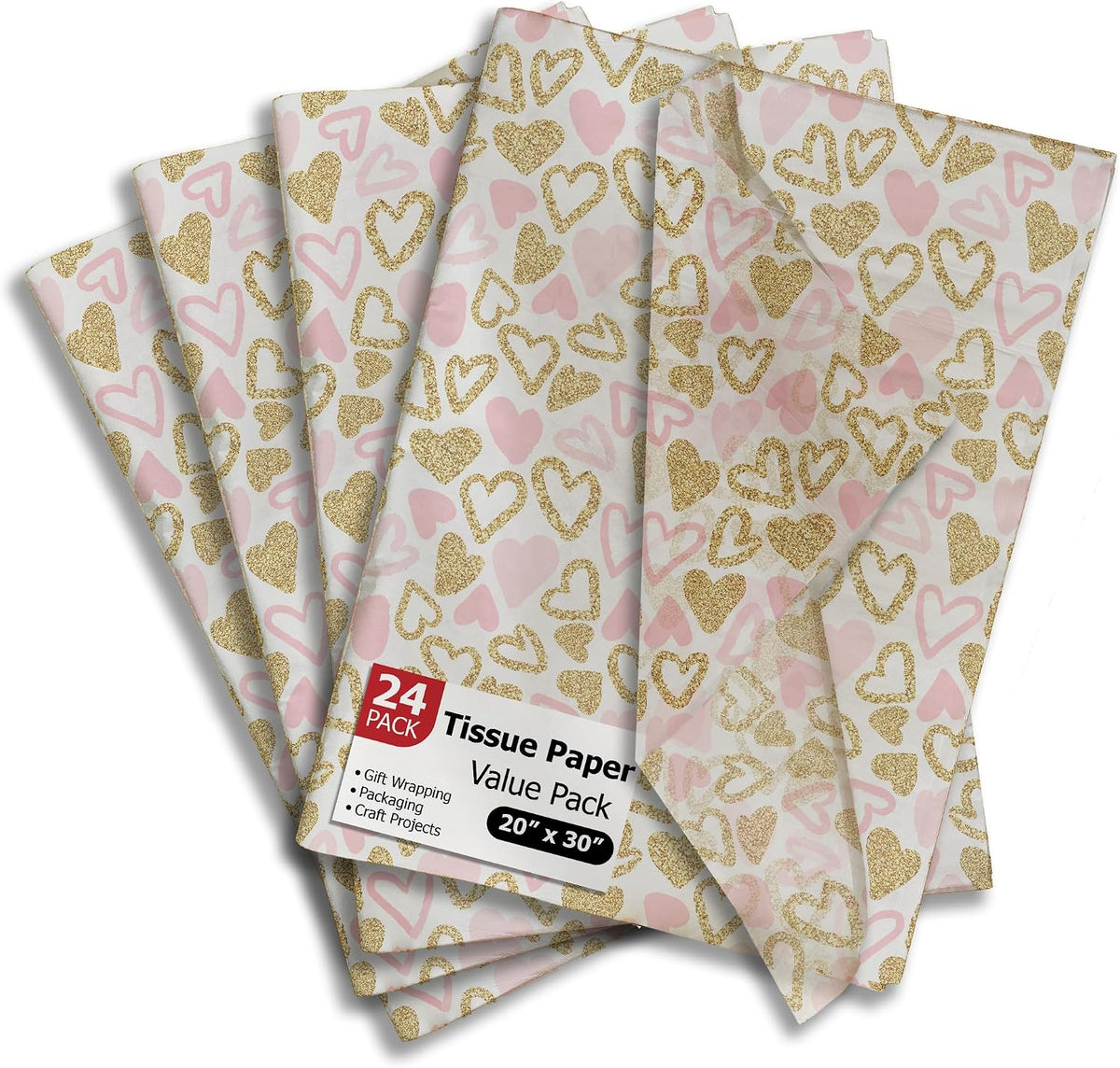 Pink and Gold Hearts Printed Tissue Paper for Valentine's Day Gift Bags or Boxes and Wrapping - Bulk Decorative Art Tissue Paper for Packaging and Gifting | 24 Sheets 20" x 30"