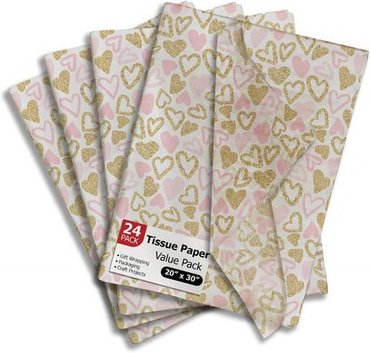 Pink and Gold Hearts Printed Tissue Paper for Valentine's Day Gift Bags or Boxes and Wrapping - Bulk Decorative Art Tissue Paper for Packaging and Gifting | 24 Sheets 20" x 30"