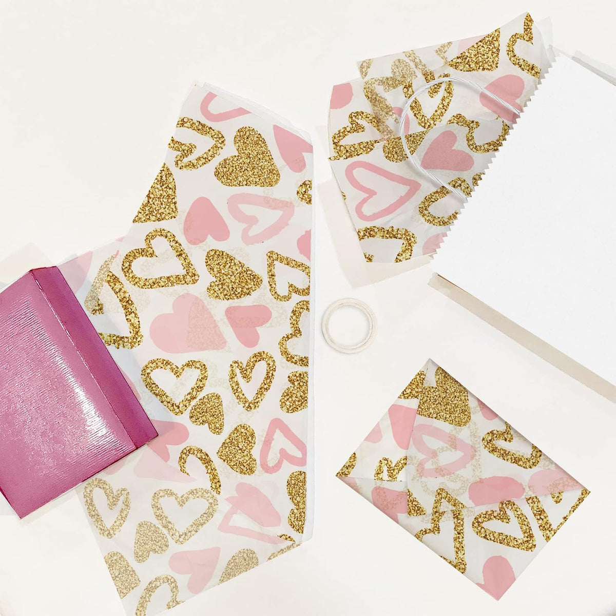 Pink and Gold Hearts Printed Tissue Paper for Valentine's Day Gift Bags or Boxes and Wrapping - Bulk Decorative Art Tissue Paper for Packaging and Gifting | 24 Sheets 20" x 30"