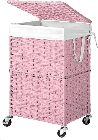 Wicker Laundry Basket with Wheels,Rolling Laundry Hamper with Lid