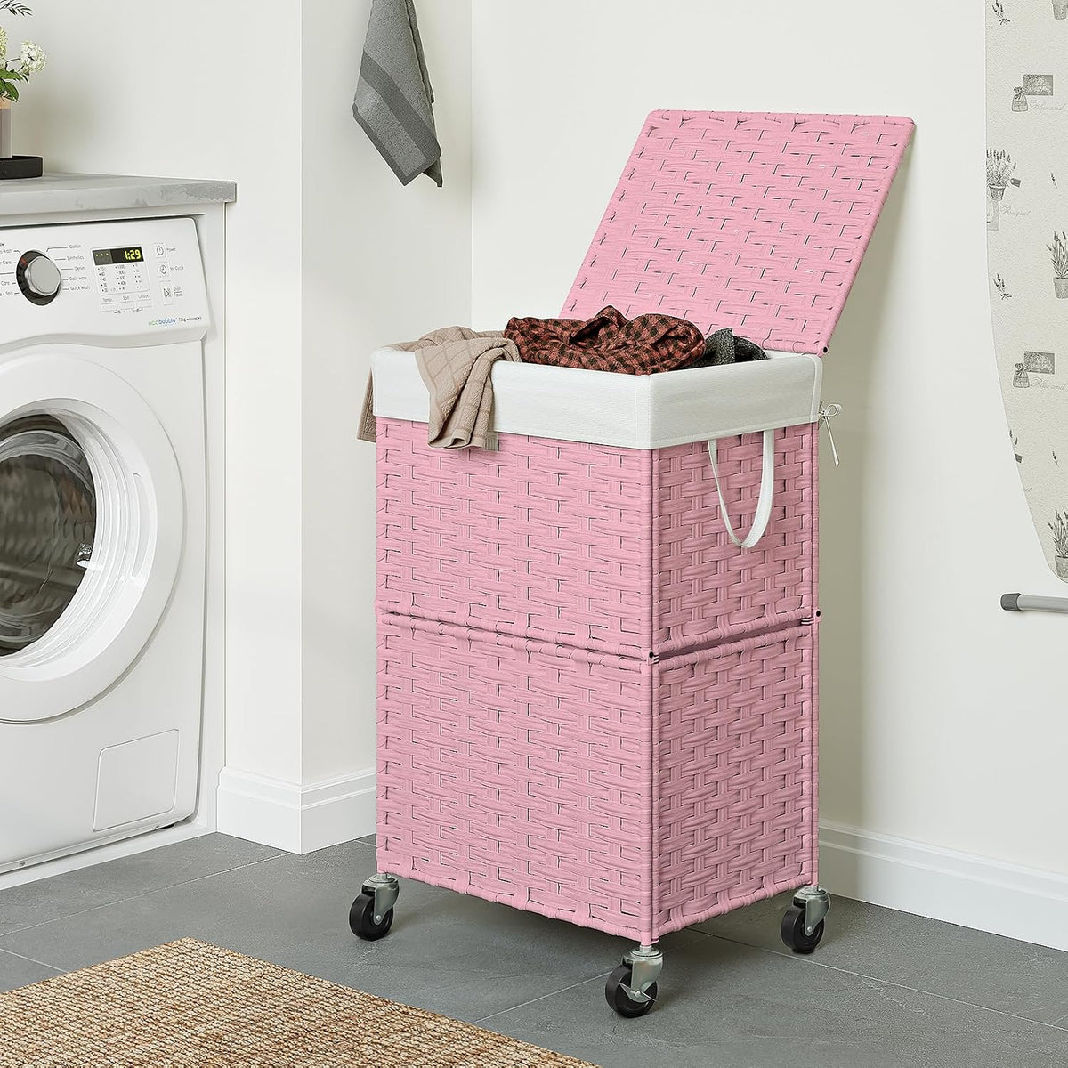 Wicker Laundry Basket with Wheels,Rolling Laundry Hamper with Lid