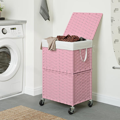 Wicker Laundry Basket with Wheels,Rolling Laundry Hamper with Lid