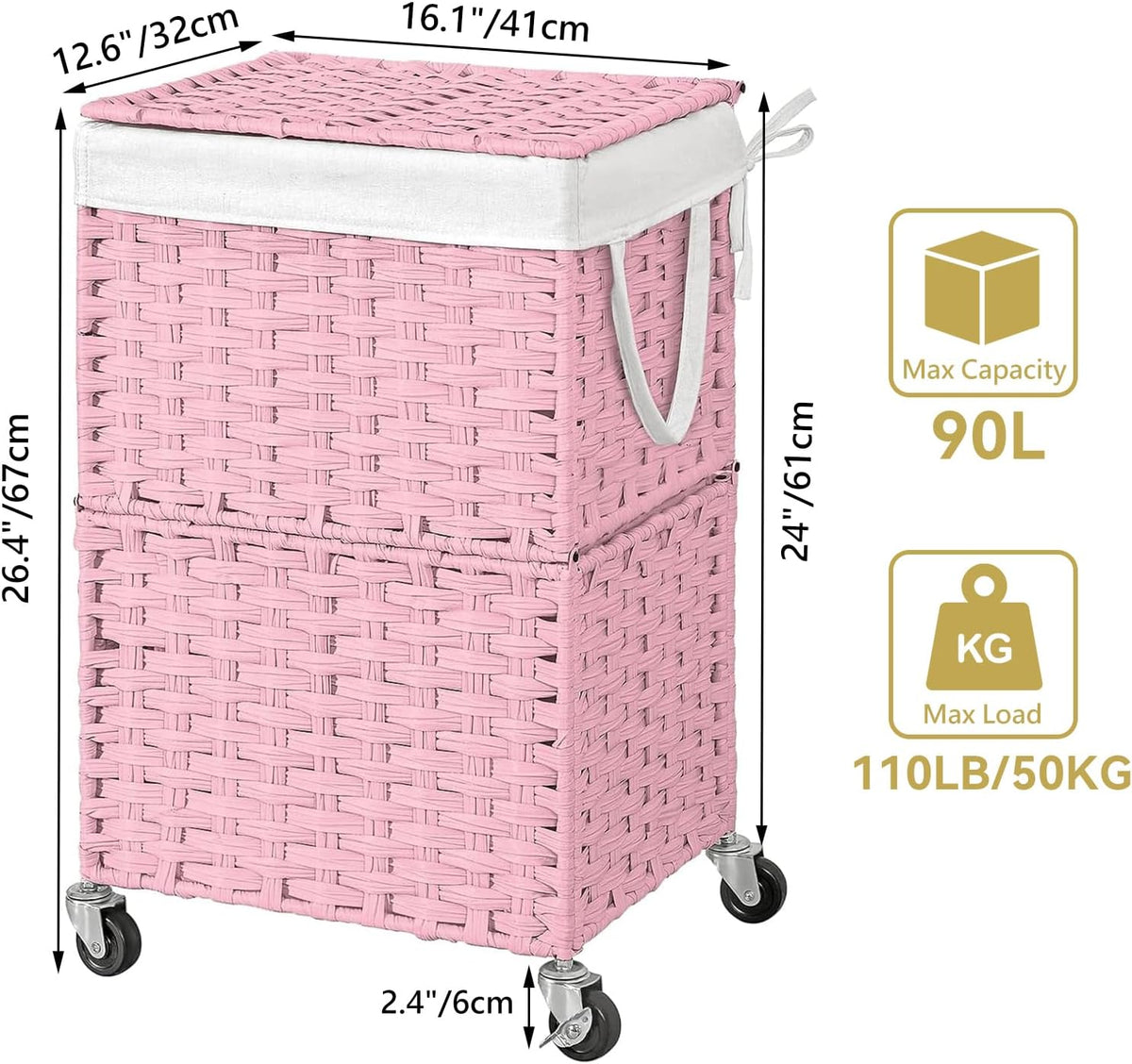 Wicker Laundry Basket with Wheels,Rolling Laundry Hamper with Lid