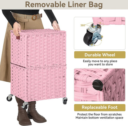 Wicker Laundry Basket with Wheels,Rolling Laundry Hamper with Lid