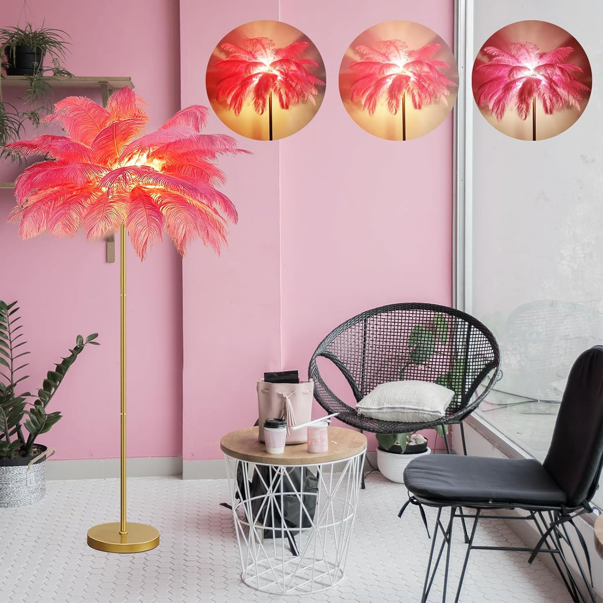 Natural Ostrich Feather Lamp Modern Floor Lamp for Living Room LED Standing Lamp with Foot Switch Gold Finish Elegant Feather Lampshade for Girl Bedroom Decor (Pink)