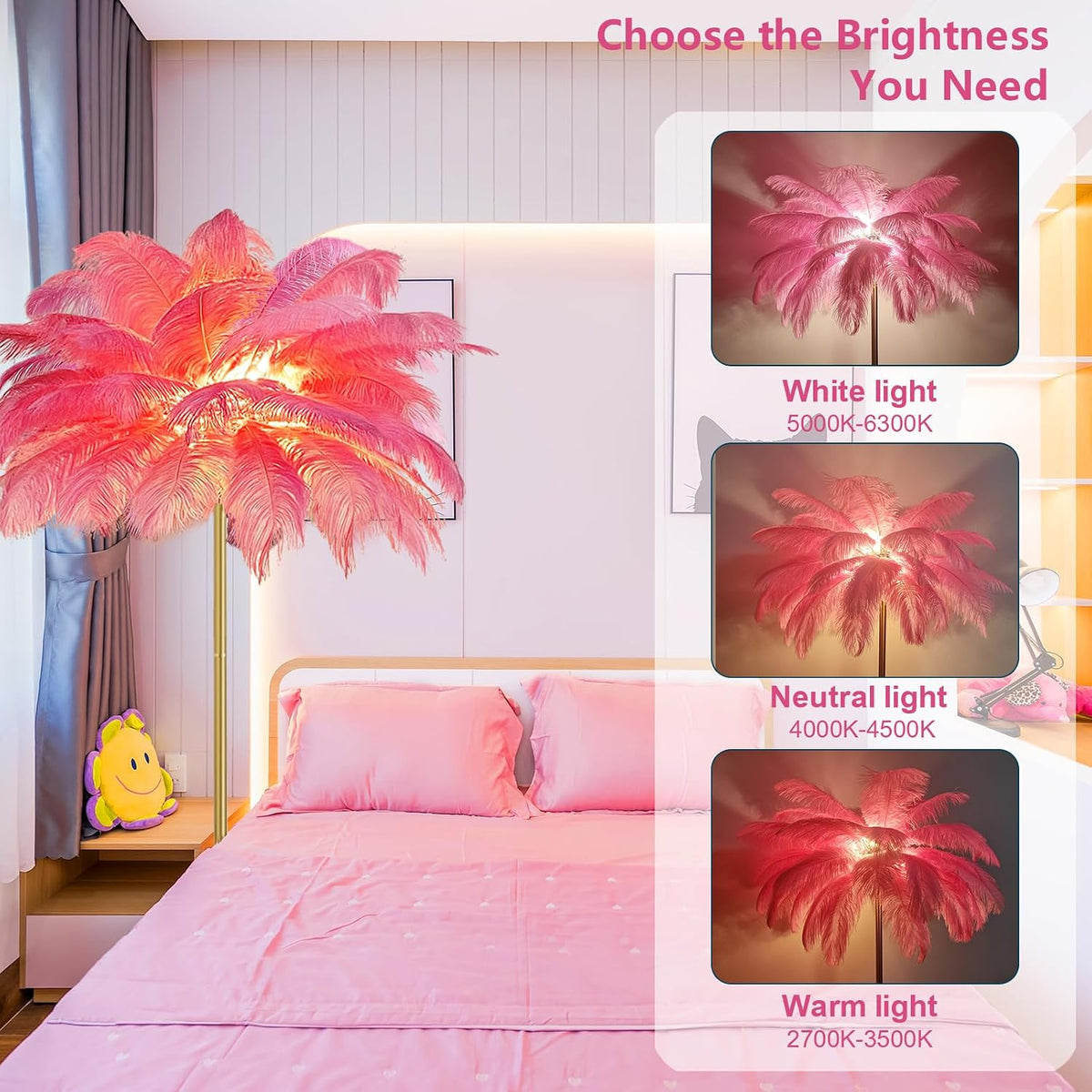 Natural Ostrich Feather Lamp Modern Floor Lamp for Living Room LED Standing Lamp with Foot Switch Gold Finish Elegant Feather Lampshade for Girl Bedroom Decor (Pink)