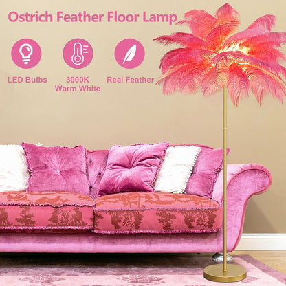 Natural Ostrich Feather Lamp Modern Floor Lamp for Living Room LED Standing Lamp with Foot Switch Gold Finish Elegant Feather Lampshade for Girl Bedroom Decor (Pink)
