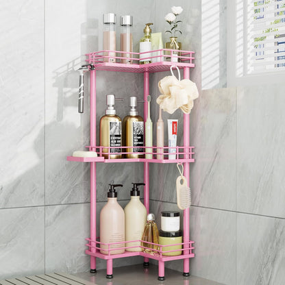 Corner Shower Caddy Standing - 3-Tier Stainless Steel Shower Organizer with Soap Holder and 4 Hooks, Large Capacity Corner Shelf Stand for Bathroom, Rest Room, Pink