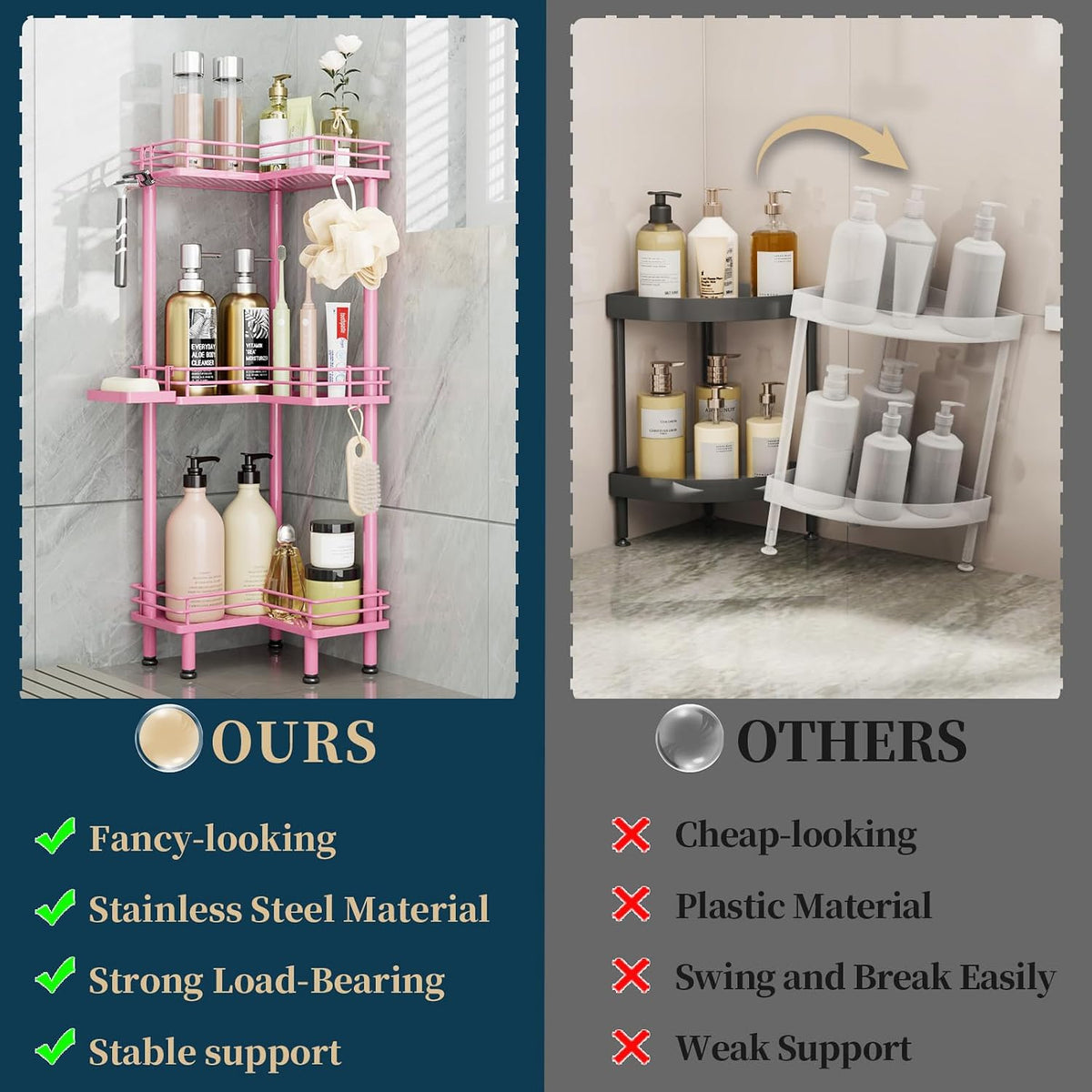 Corner Shower Caddy Standing - 3-Tier Stainless Steel Shower Organizer with Soap Holder and 4 Hooks, Large Capacity Corner Shelf Stand for Bathroom, Rest Room, Pink