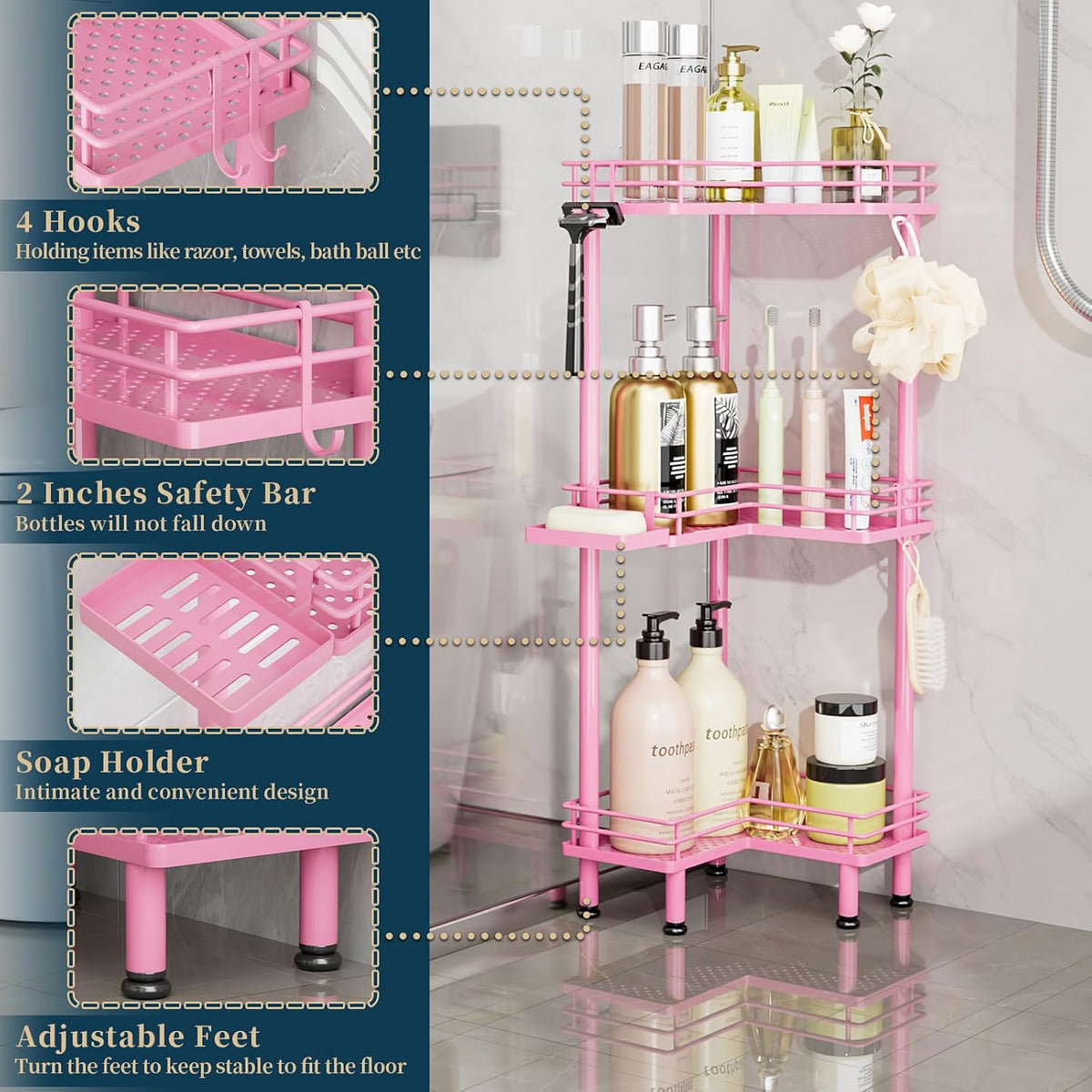 Corner Shower Caddy Standing - 3-Tier Stainless Steel Shower Organizer with Soap Holder and 4 Hooks, Large Capacity Corner Shelf Stand for Bathroom, Rest Room, Pink