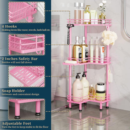 Corner Shower Caddy Standing - 3-Tier Stainless Steel Shower Organizer with Soap Holder and 4 Hooks, Large Capacity Corner Shelf Stand for Bathroom, Rest Room, Pink