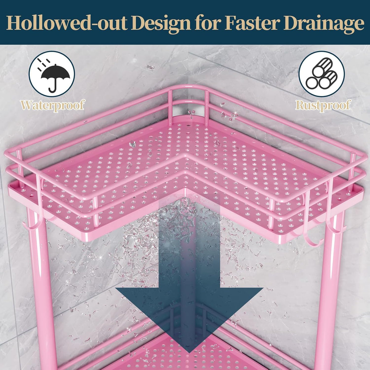 Corner Shower Caddy Standing - 3-Tier Stainless Steel Shower Organizer with Soap Holder and 4 Hooks, Large Capacity Corner Shelf Stand for Bathroom, Rest Room, Pink