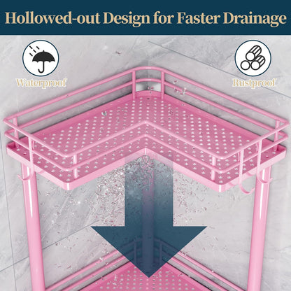 Corner Shower Caddy Standing - 3-Tier Stainless Steel Shower Organizer with Soap Holder and 4 Hooks, Large Capacity Corner Shelf Stand for Bathroom, Rest Room, Pink