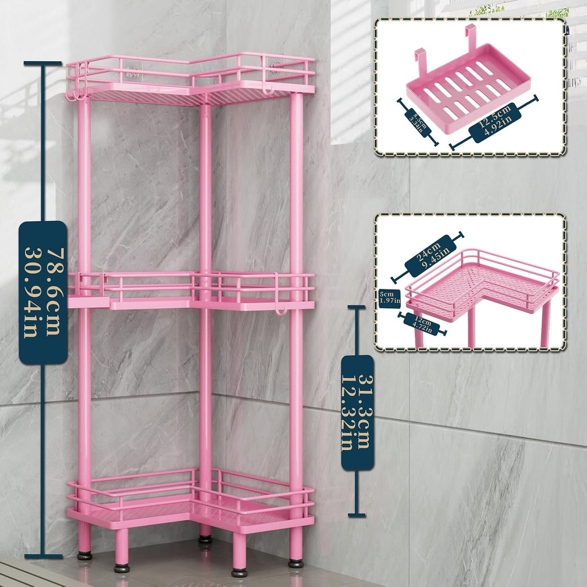 Corner Shower Caddy Standing - 3-Tier Stainless Steel Shower Organizer with Soap Holder and 4 Hooks, Large Capacity Corner Shelf Stand for Bathroom, Rest Room, Pink