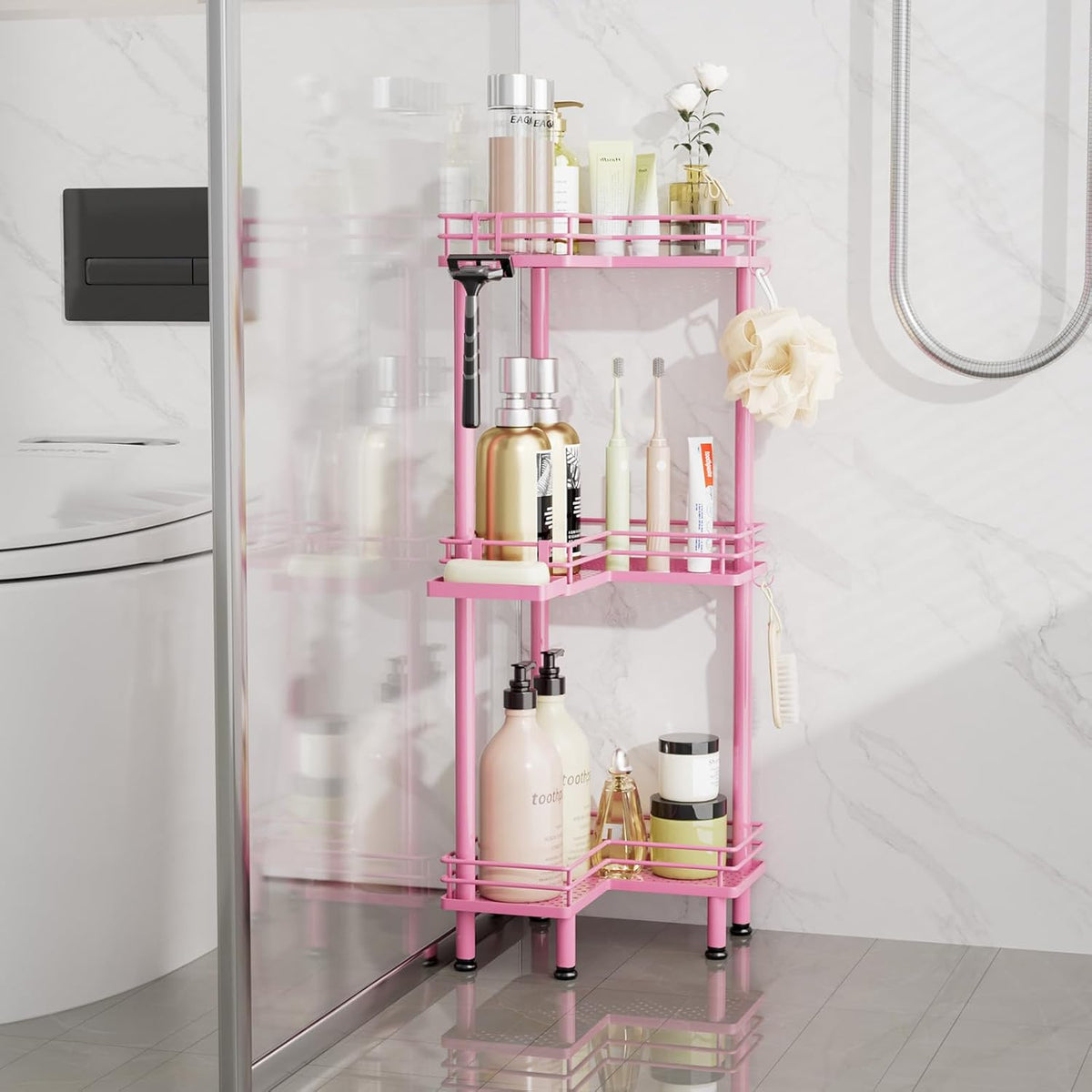 Corner Shower Caddy Standing - 3-Tier Stainless Steel Shower Organizer with Soap Holder and 4 Hooks, Large Capacity Corner Shelf Stand for Bathroom, Rest Room, Pink