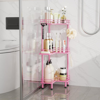 Corner Shower Caddy Standing - 3-Tier Stainless Steel Shower Organizer with Soap Holder and 4 Hooks, Large Capacity Corner Shelf Stand for Bathroom, Rest Room, Pink