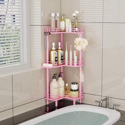 Corner Shower Caddy Standing - 3-Tier Stainless Steel Shower Organizer with Soap Holder and 4 Hooks, Large Capacity Corner Shelf Stand for Bathroom, Rest Room, Pink