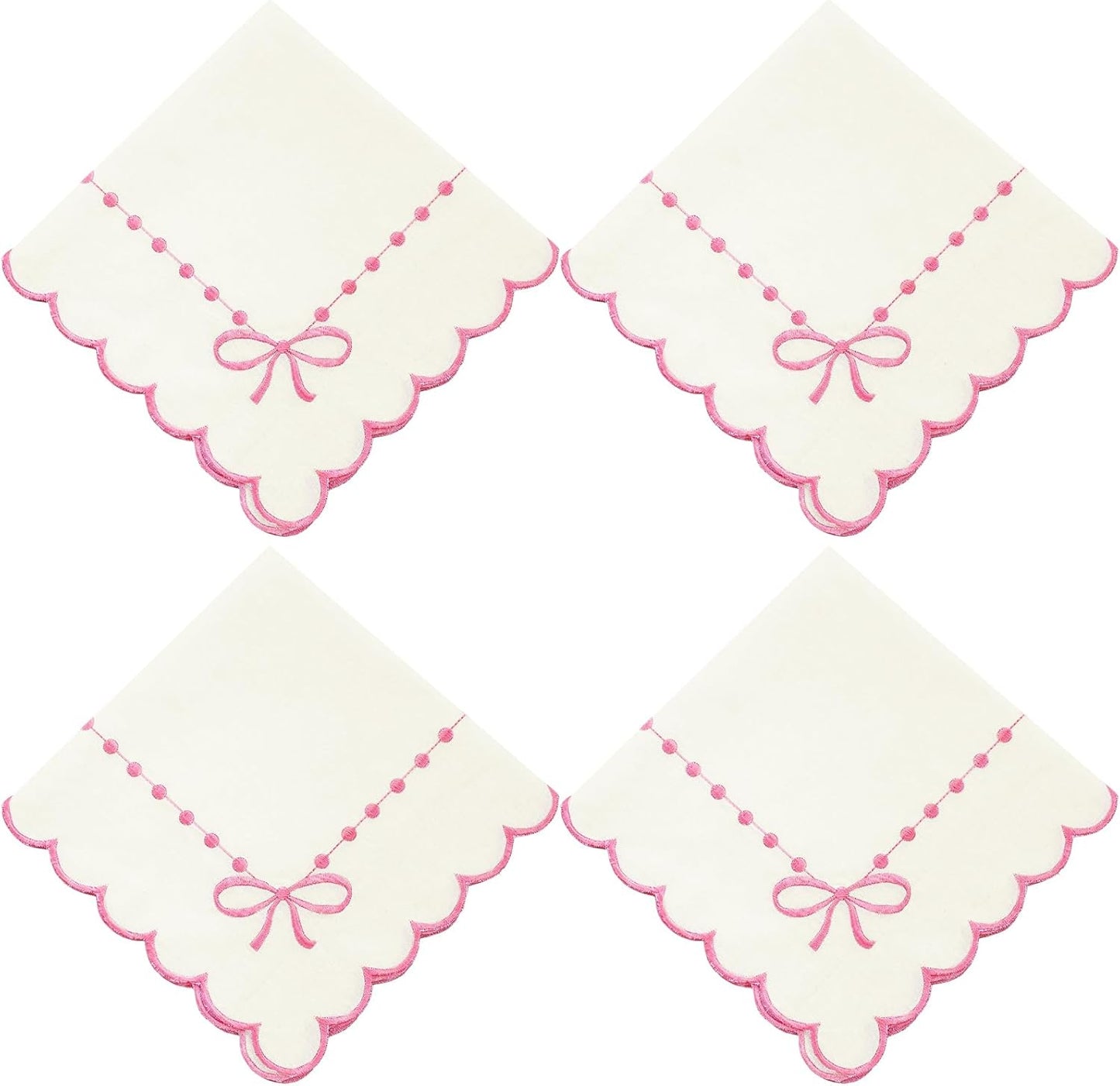 Hahafelt Set of 4 Pink Bow Cloth Napkins 18 x 18 Inch Embroidery Scalloped Coquettish Cloth Napkins Table Decor 100% Cotton Machine Washable Supplies for Table Decorations