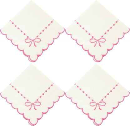 Hahafelt Set of 4 Pink Bow Cloth Napkins 18 x 18 Inch Embroidery Scalloped Coquettish Cloth Napkins Table Decor 100% Cotton Machine Washable Supplies for Table Decorations