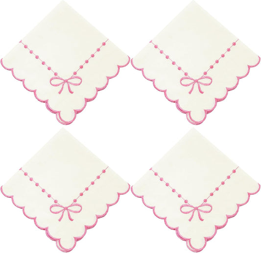 Hahafelt Set of 4 Pink Bow Cloth Napkins 18 x 18 Inch Embroidery Scalloped Coquettish Cloth Napkins Table Decor 100% Cotton Machine Washable Supplies for Table Decorations