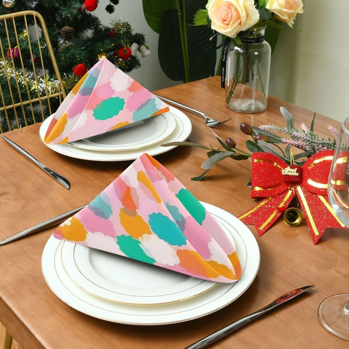 Polka Dot Pink Cloth Napkins 4pcs/Set 20 x 20 Inch Washable Polyester Dinner Napkins - Great for Weddings Parties Holiday Dinner & More