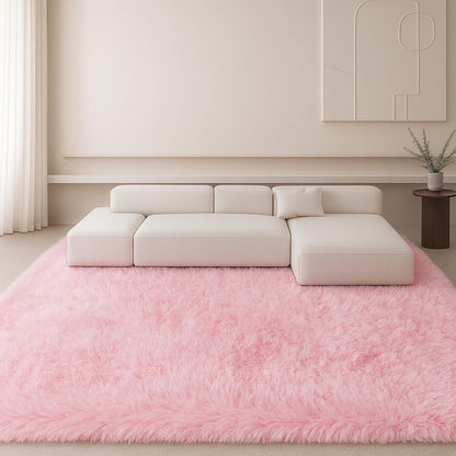Pink Fluffy Shag Area Rug, Non-Slip Thick Soft Carpet for Home
