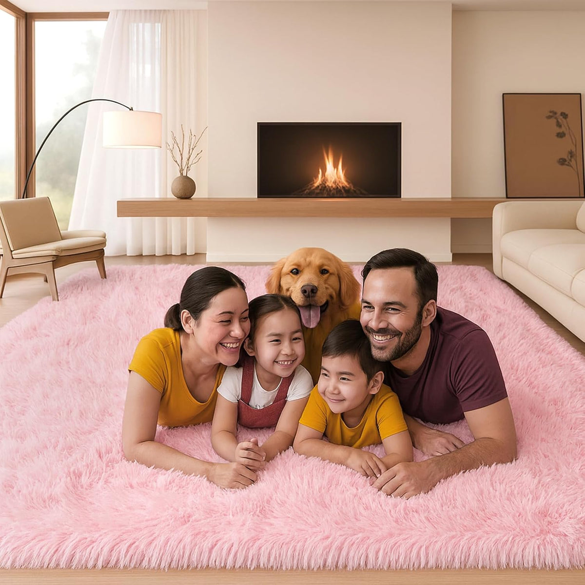 Pink Fluffy Shag Area Rug, Non-Slip Thick Soft Carpet for Home