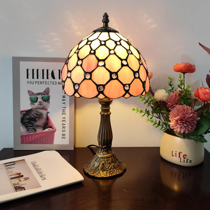 Tiffany Table Lamp 3-Way Light Handmade Bedside Lamp Small Desk Night Lamp Stained Glass Antique for Home Office Bedroom Living Room Study Room (Pink Pearls Style)