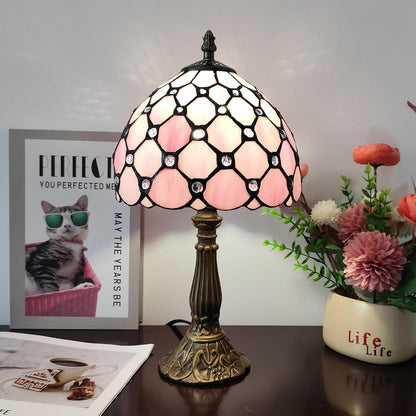 Tiffany Table Lamp 3-Way Light Handmade Bedside Lamp Small Desk Night Lamp Stained Glass Antique for Home Office Bedroom Living Room Study Room (Pink Pearls Style)