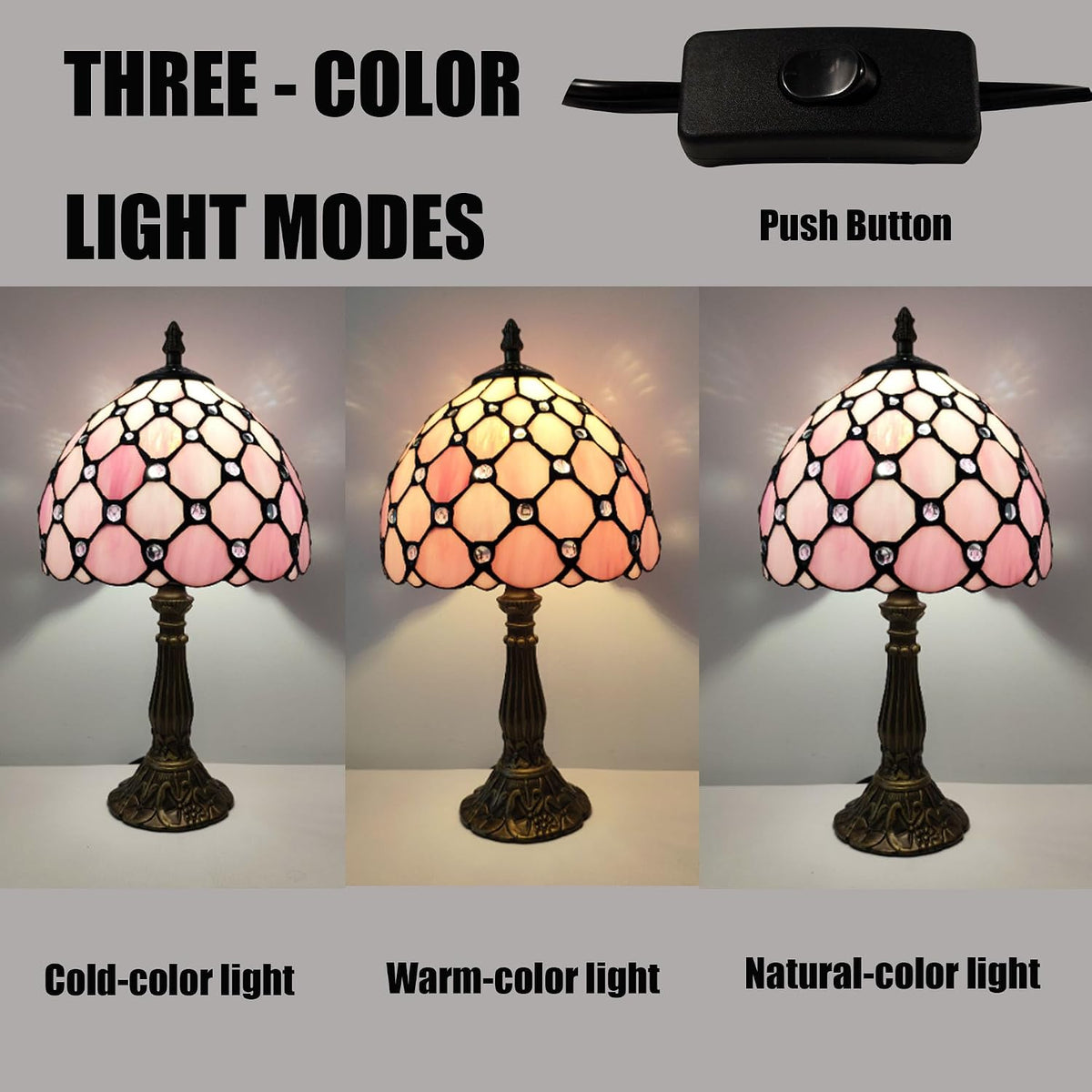 Tiffany Table Lamp 3-Way Light Handmade Bedside Lamp Small Desk Night Lamp Stained Glass Antique for Home Office Bedroom Living Room Study Room (Pink Pearls Style)