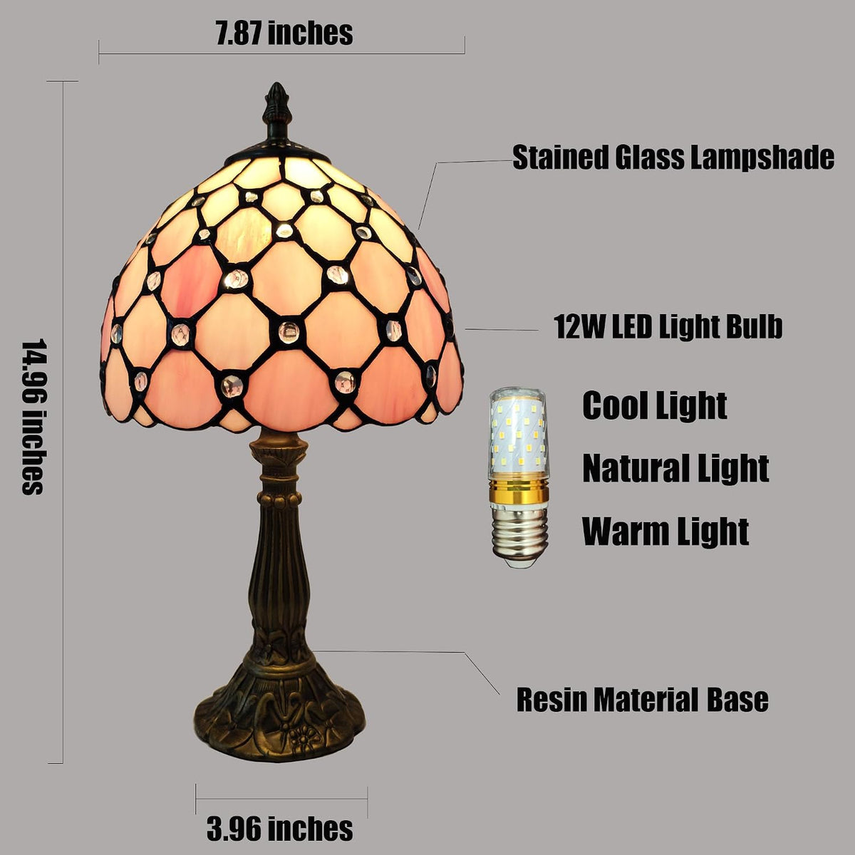 Tiffany Table Lamp 3-Way Light Handmade Bedside Lamp Small Desk Night Lamp Stained Glass Antique for Home Office Bedroom Living Room Study Room (Pink Pearls Style)