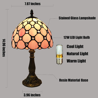 Tiffany Table Lamp 3-Way Light Handmade Bedside Lamp Small Desk Night Lamp Stained Glass Antique for Home Office Bedroom Living Room Study Room (Pink Pearls Style)