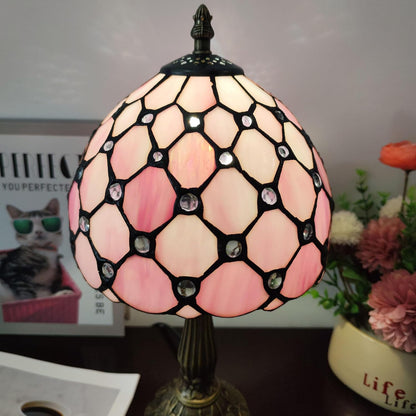 Tiffany Table Lamp 3-Way Light Handmade Bedside Lamp Small Desk Night Lamp Stained Glass Antique for Home Office Bedroom Living Room Study Room (Pink Pearls Style)